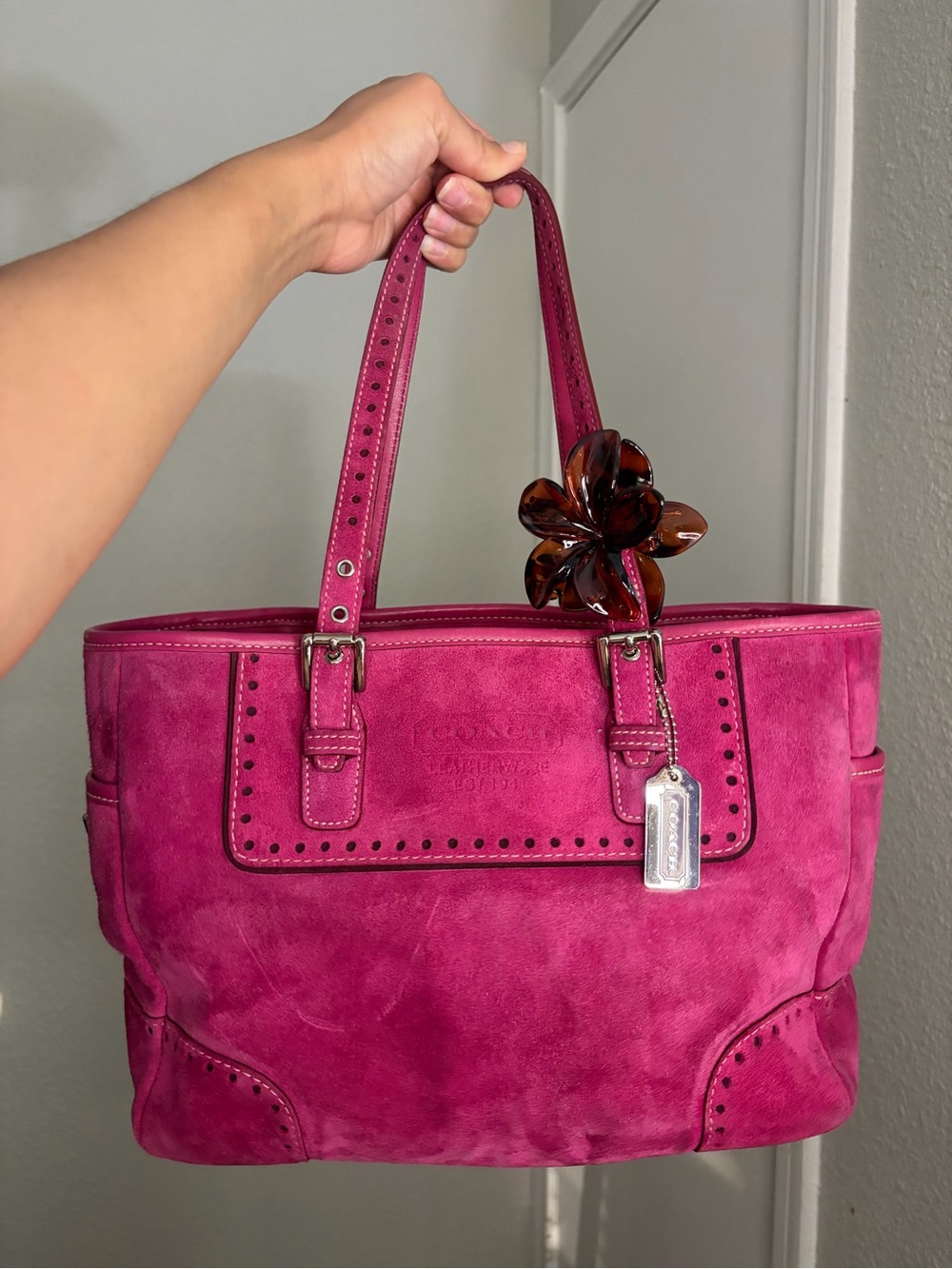 Coach Vintage Suede Tote in Fuchsia Pink with Tortoiseshell Charm